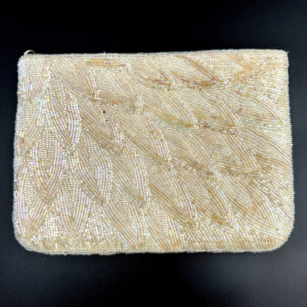 La Regale Vtg Beaded Evening Clutch Purse Ivory Satin Lining Zipper Sequined 7oz - Picture 7 of 10